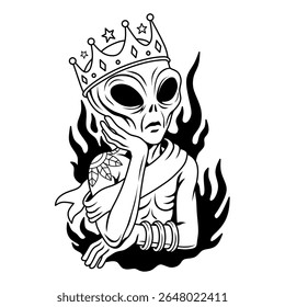 illustration of a crowned alien in line art style with a dreamy expression.black and white vintage style tattoo