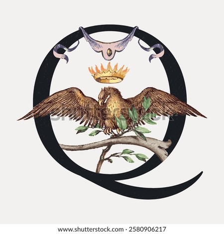 Illustration of a crowned eagle perched on a branch, surrounded by a decorative letter Q. The eagle, crown, and branch create a regal, vintage design. Vintage bird illustration vector.