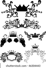 illustration with crowns and floral curls isolated on white background