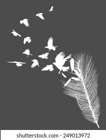 ilustración con cuervos volando de la silueta de plumas aislados en fondo gris