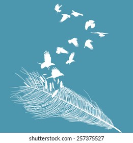 illustration with crows flying from feather silhouette isolated on blue background