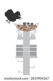 Illustration of a crow's nest built on a utility pole.