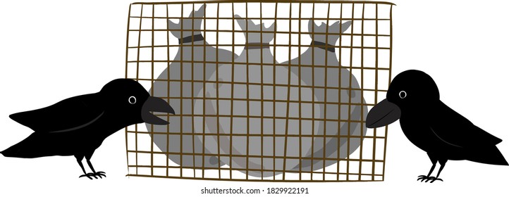 Illustration of  crows poking a garbage station