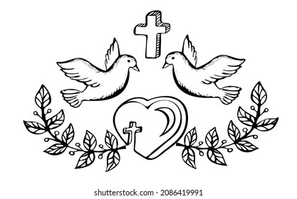 Illustration with crucifix, laurel wreath, heart and doves. Religious christian symbolы. Vector Illustration in doodle style.