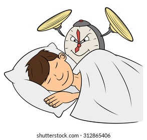 Illustration of the cruel clock wakening man with cymbal