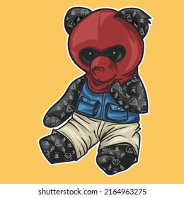 illustration of a cruel looking gangster teddy bear wearing a red face mask and a jeans jacket