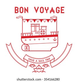 Illustration of cruise ship caravel with decorative bow, greeting text for a traveler.