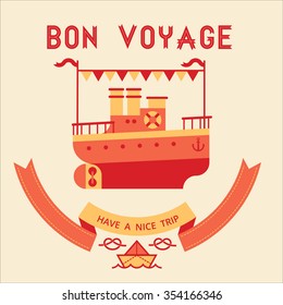 Illustration of cruise ship caravel with decorative bow, greeting text for a traveler.