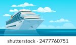 Illustration of a cruise ship on calm water, with a clear sky and clouds in the background. Concept of travel and vacations. Vector illustration