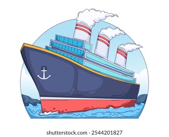 Ilustración de un crucero navegando por el mar. El Grande barco presenta un esquema de color azul oscuro y rojo, múltiples cubiertas y una chimenea prominente.