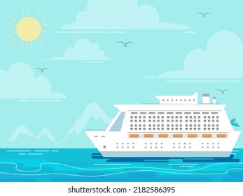 Illustration of Cruise Ship Sailing at the Sea with Sun Up and Birds Flying