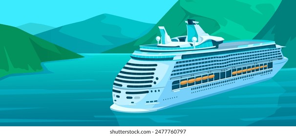 Ilustración de un crucero navegando a través de tranquilas aguas azules con montañas verdes en el fondo. Ilustración vectorial