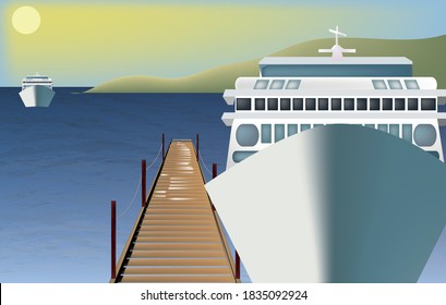 
illustration of a cruise ship stands near a wooden pier, a ship is sailing in the distance, the sun, a mountain in the background