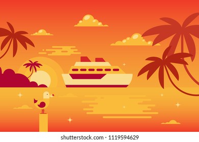 The illustration of the cruise ship in the tropical sea. Flat design vector illustration. Bright colors.