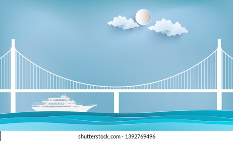 illustration of cruise ships and bridges. paper art