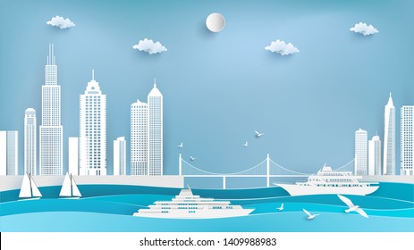 illustration of cruise ships and cities. paper art style