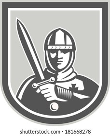 Illustration of crusader knight in full armor brandishing a sword set inside shield crest facing front on isolated background done in retro style.