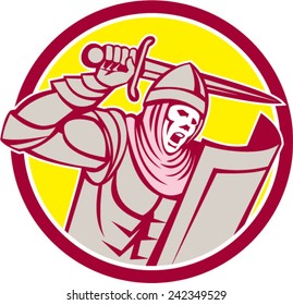 Illustration of crusader knight in full armor with shield brandishing wielding a sword set inside circle on isolated background done in retro style.