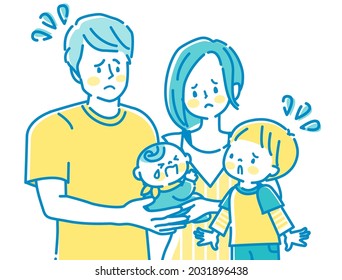 Illustration Of A Crying Baby And Anxious Dad, Mom And Siblings