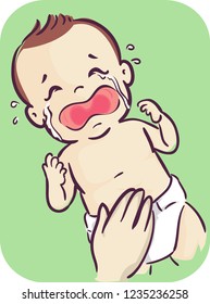 Illustration of a Crying Baby Boy with a Hand Rubbing His Belly to Relieve Abdominal Pain or Cramps