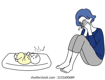 Illustration of a crying baby and a despairing mother