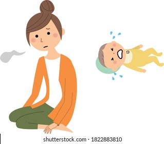 Illustration of a crying baby and a young woman sighing.