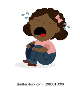 An illustration of a crying black girl. Isolated on white. Sad child.