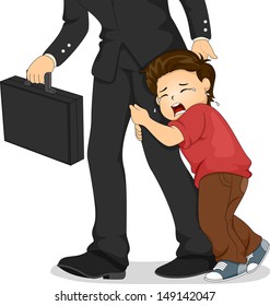Illustration of a Crying Boy Cllnging on to His Father's Leg