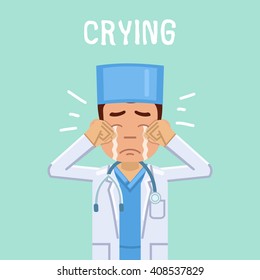 Illustration of a crying doctor. Depressed, sad, upset doctor. Emotional face, emoticon, emoji. Flat style vector illustration