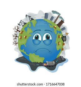 Illustration of Crying Earth Due to Pollution on white background