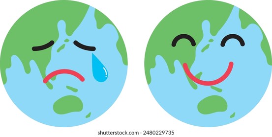 Illustration of a crying Earth and a laughing Earth