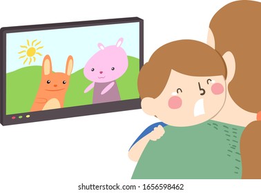 Illustration of a Crying Kid Boy Hugging His Mother and Being Scared of the Cartoons in the Television Show