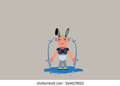 An illustration crying little boy using a bunny costume. A vector of sad character, this illustration can use as a sticker also. 