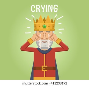 Illustration of a crying, sad, upset king. Emoticon, emoji, facial expression. Monarch, ruler, governor, medieval king. Flat style vector illustration