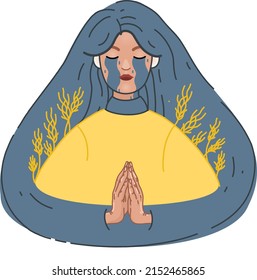 illustration of crying ukrainian woman praying with closed eyes on white
