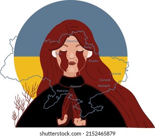 illustration of crying ukrainian woman praying with closed eyes near map of country