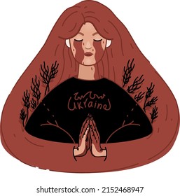 illustration of crying ukrainian woman in sweater with ukraine lettering praying with closed eyes