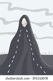 Illustration of crying woman cloaked in black, gloomy landscape in the background.