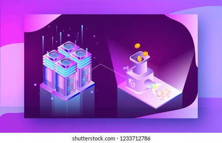 Illustration of crypto coins exchange machine connected with crypto servers on shiny abstract background.