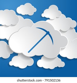 illustration of crypto currency cloud mining pickaxe icon on a blue background