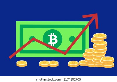Illustration crypto money icons. Bitcoin bill, money banknote and lot of virtual gold coins. Bitcoin. Growth. Red arrow up. Bitcoin index rating go up on exchange market. Crypto currency