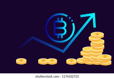 Illustration crypto money icons. Bitcoin bill, money money and lot of virtual gold coins. Bitcoin. Growth. Neon arrow up. Bitcoin index rating go up on exchange market. Crypto currency