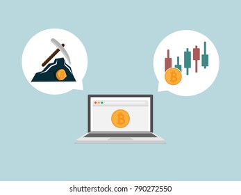 illustration of cryptocurrency bitcoins management mining and trading with laptop vector background