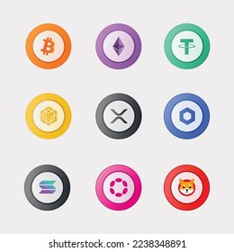 illustration of cryptocurrency coin set . Bitcoin-BTC, Ethereum-ETH, Tether-USDT,Binance Coin-BNB, XRP-XRP, Chainlink-LINK , Solana-SOL , Polkadot-DOT , Shiba ino-SHIB
Vector Formats

