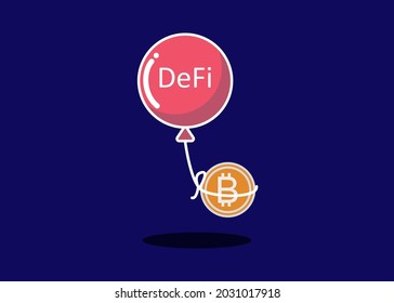 illustration of Cryptocurrency Decentralized(DeFi). DeFi balloon taking bitcoin. Vector.