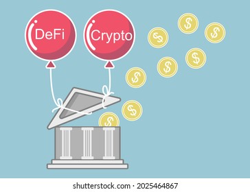 illustration of Cryptocurrency Decentralized(DeFi) destroy traditional bank system. DeFi and Crypto balloons taking roof of a bank building with dollar coins floating out up in the air. Vector.
