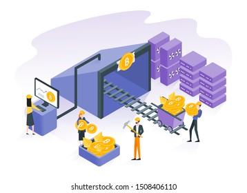 Illustration of cryptocurrency mining farm. Bitcoin, cryptocurrency and blockchain technology in flat isometric with group of people working together. Digital money currency concept