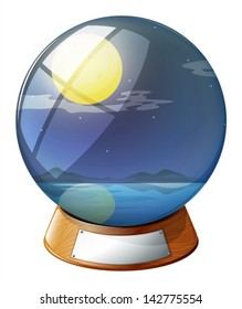 Illustration of a crystal ball with a fullmoon inside on a white background