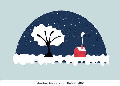 ilustración de bola de cristal en invierno, media bola de cristal que contiene edificios en la nieve en invierno, temporada de invierno