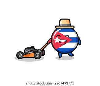 illustration of the cuba flag badge character using lawn mower , cute style design for t shirt, sticker, logo element